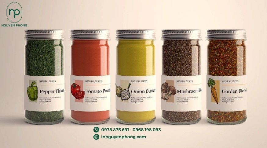 Mẫu tem dán gia vị đơn giản in hình minh họa